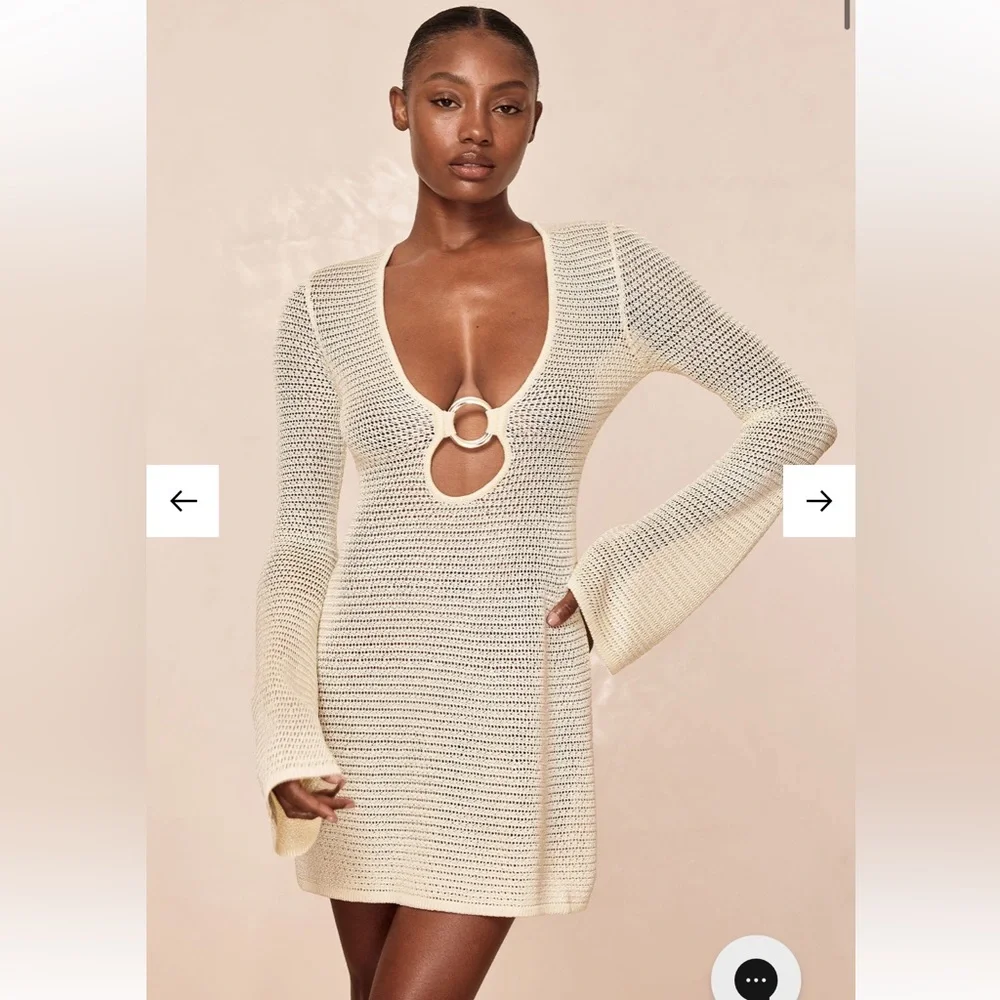 MONTEGO MINI DRESS - IVORY SHINY TREBLE KNIT Monday Swimwear Cream Knit Coverup - Picture 3 of 9